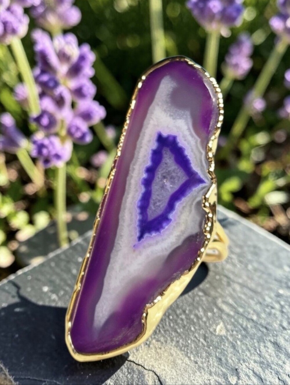 18k Gold Plated Artisan Genuine Solar Agate Natural Stone Statement Ring